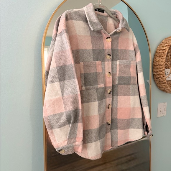 PrettyGarden Tops - Plaid Button Down Shirt - Pink and Gray